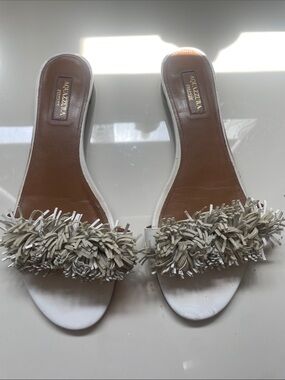 Aquazzura White Fringe Slide Mules